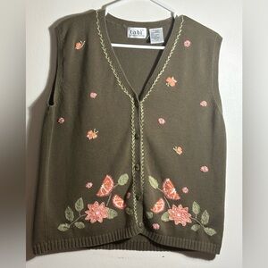 Cottage Core Olive Green Floral Embroidered Sweater Vest